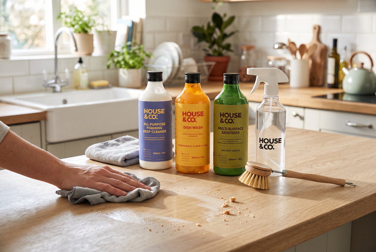 A kitchen counter mid-reset with House & Co. concentrates and a refill spray