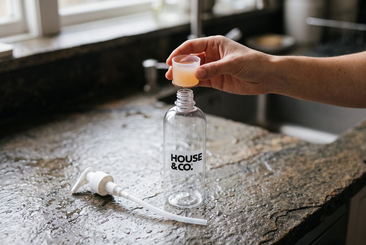 A capful of concentrate above an open House & Co. refill bottle